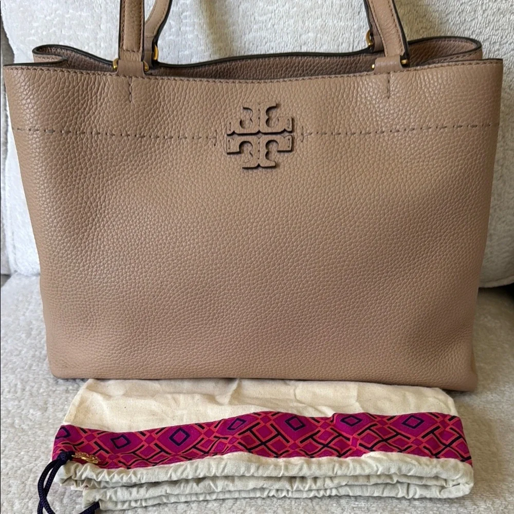 Tory Burch Beige/Tan Pebbled Leather Tote with Logo
